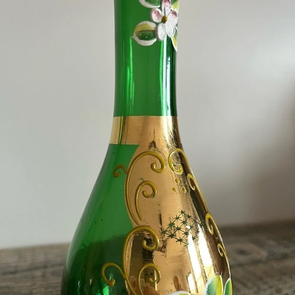 Vintage Bohemian Czech emerald green glass vases set of 2